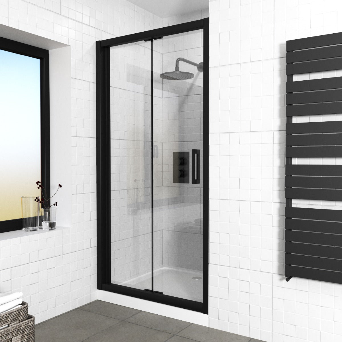 Kim Matte Black Walk In Bi Folding Shower Tempered Glass Door Screen Panel