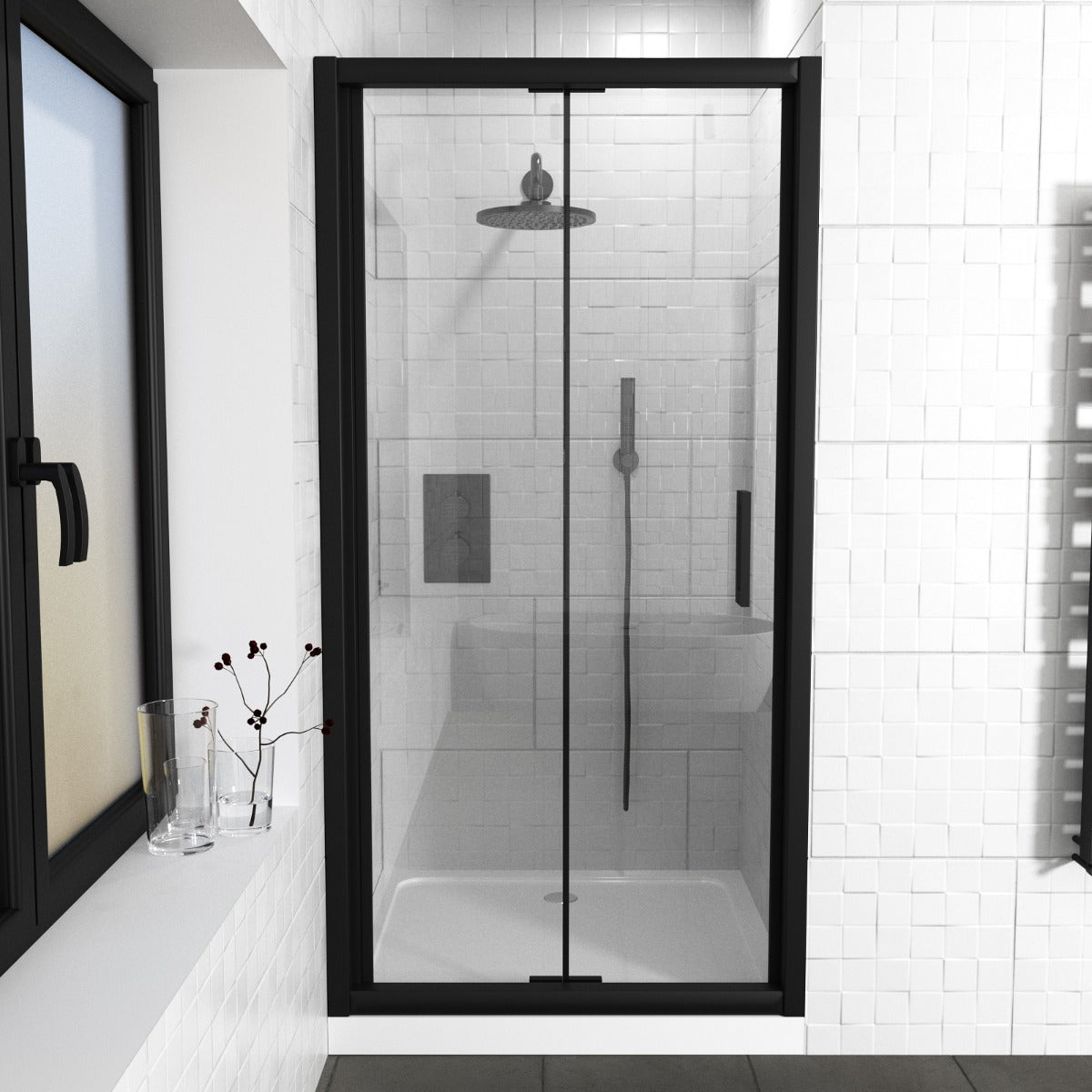 Kim Matte Black Walk In Bi Folding Shower Tempered Glass Door Screen Panel