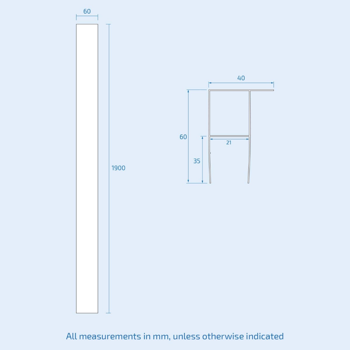 1900 mm Matte Black Profile Extension 20mm Wall Adjustment Kit