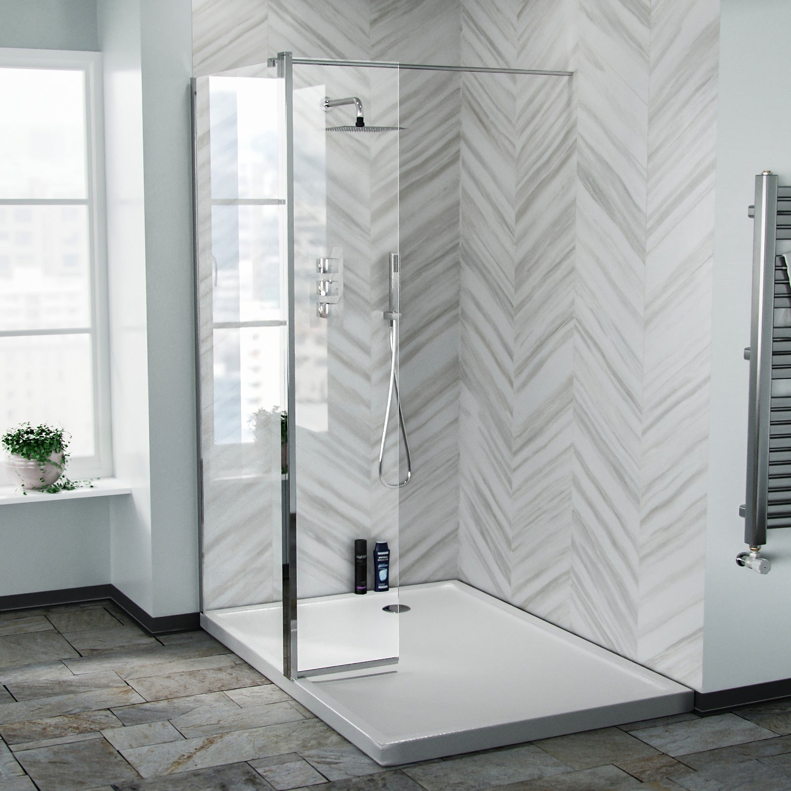 Chrome 900 Wet Room Screen 8mm Tempered Glass with 300mm Return Panel