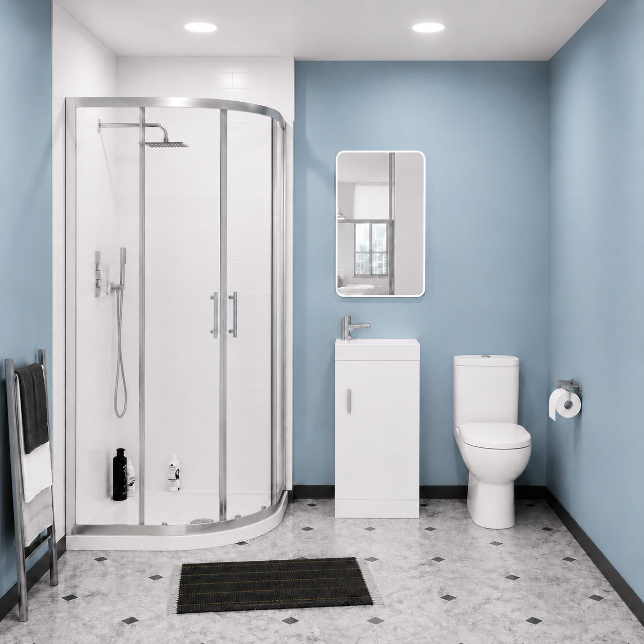 Nanuya 800mm Quadrant Shower Enclosure with Tray Close Coupled WC Toilet Floorstanding 400 mm Vanity