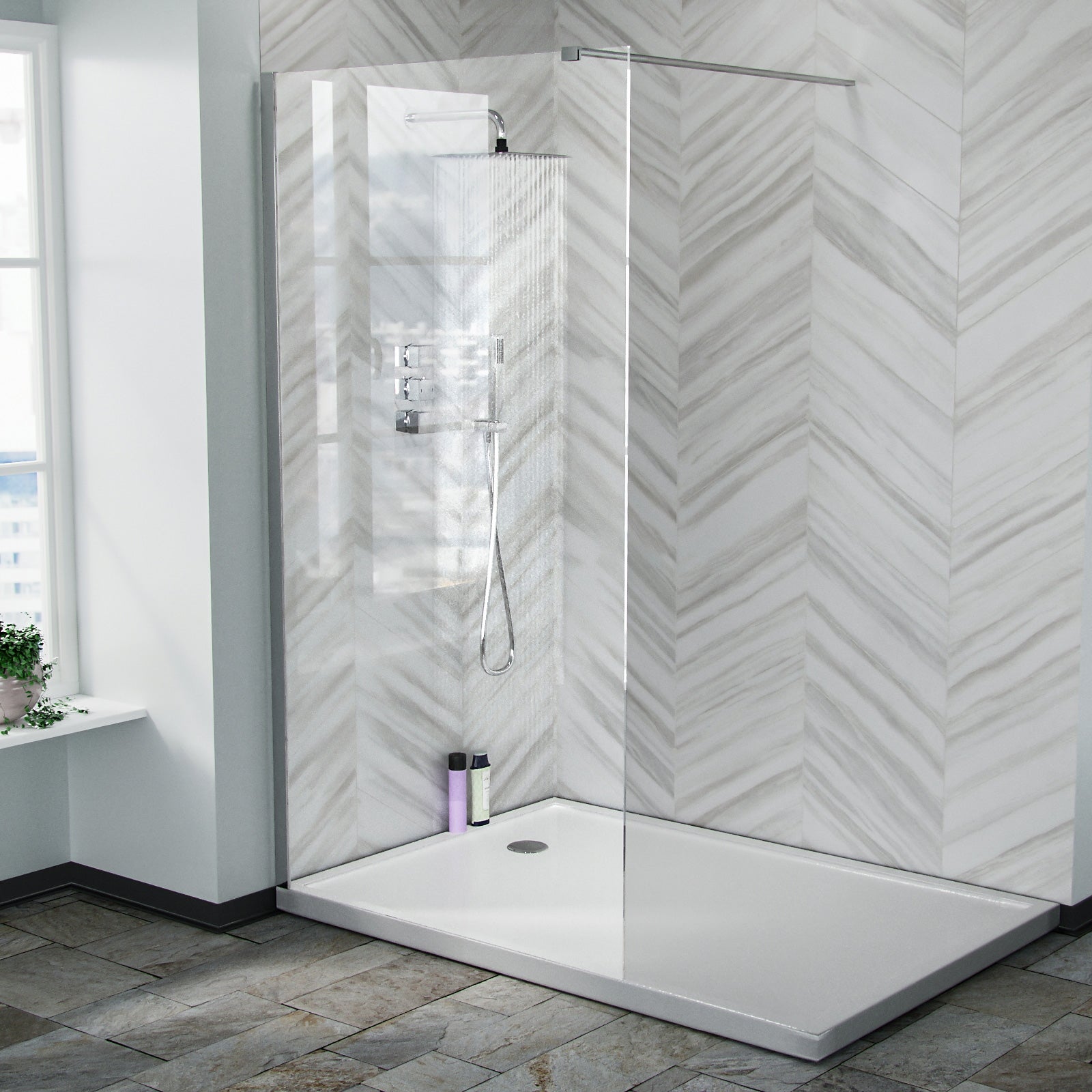 Chrome 1000 Wet Room Screen 8mm Tempered Glass with 300mm Return Panel