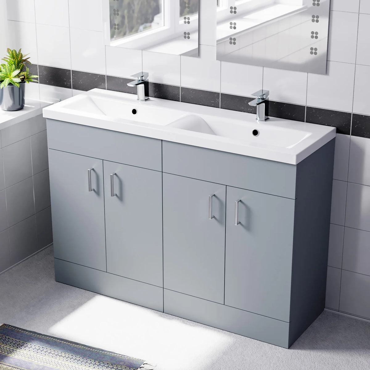 Set of 2 Floorstanding 600mm Vanity & Ceramic Mid Edge Twin Basin - Matte Grey