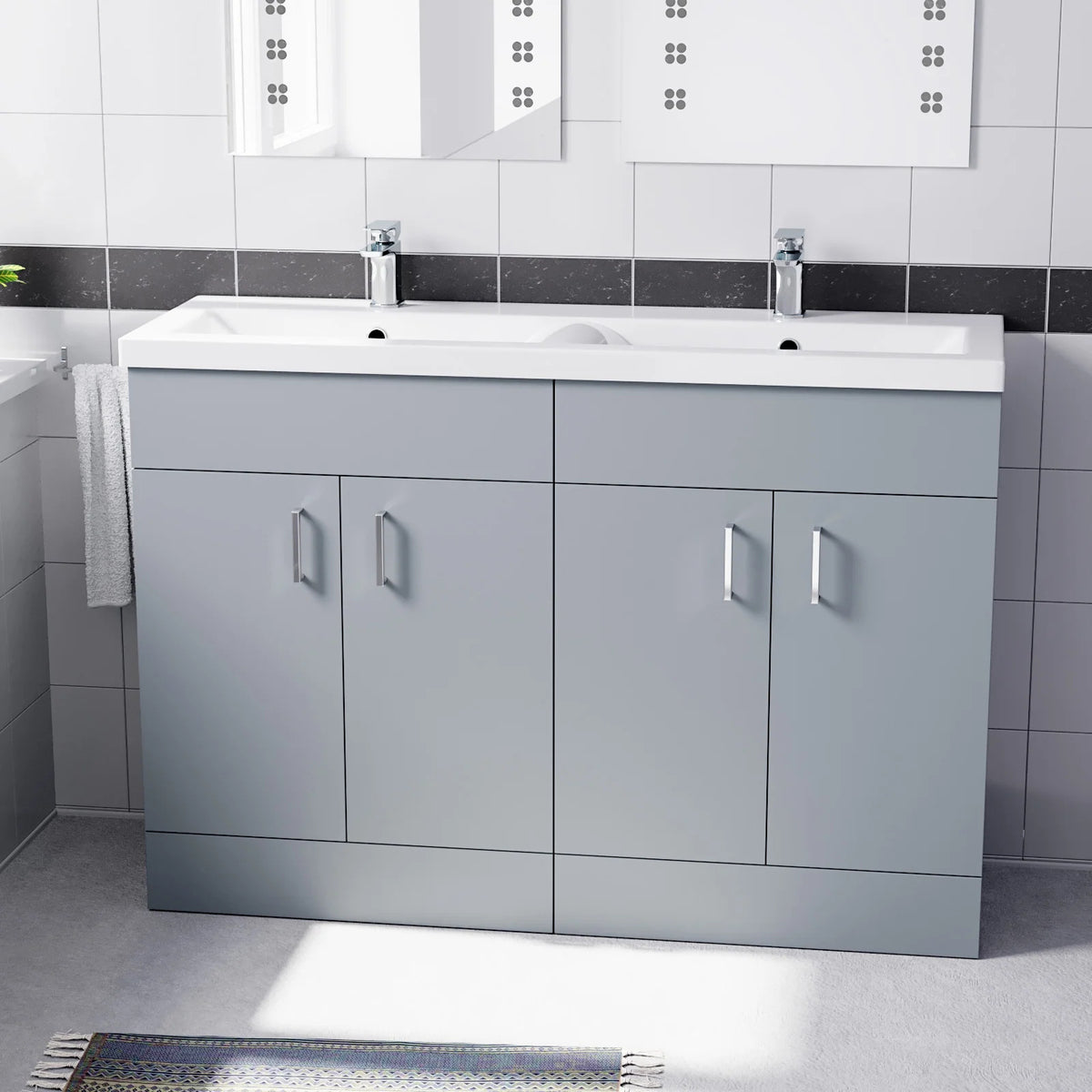 Set of 2 Floorstanding 600mm Vanity & Ceramic Mid Edge Twin Basin - Matte Grey