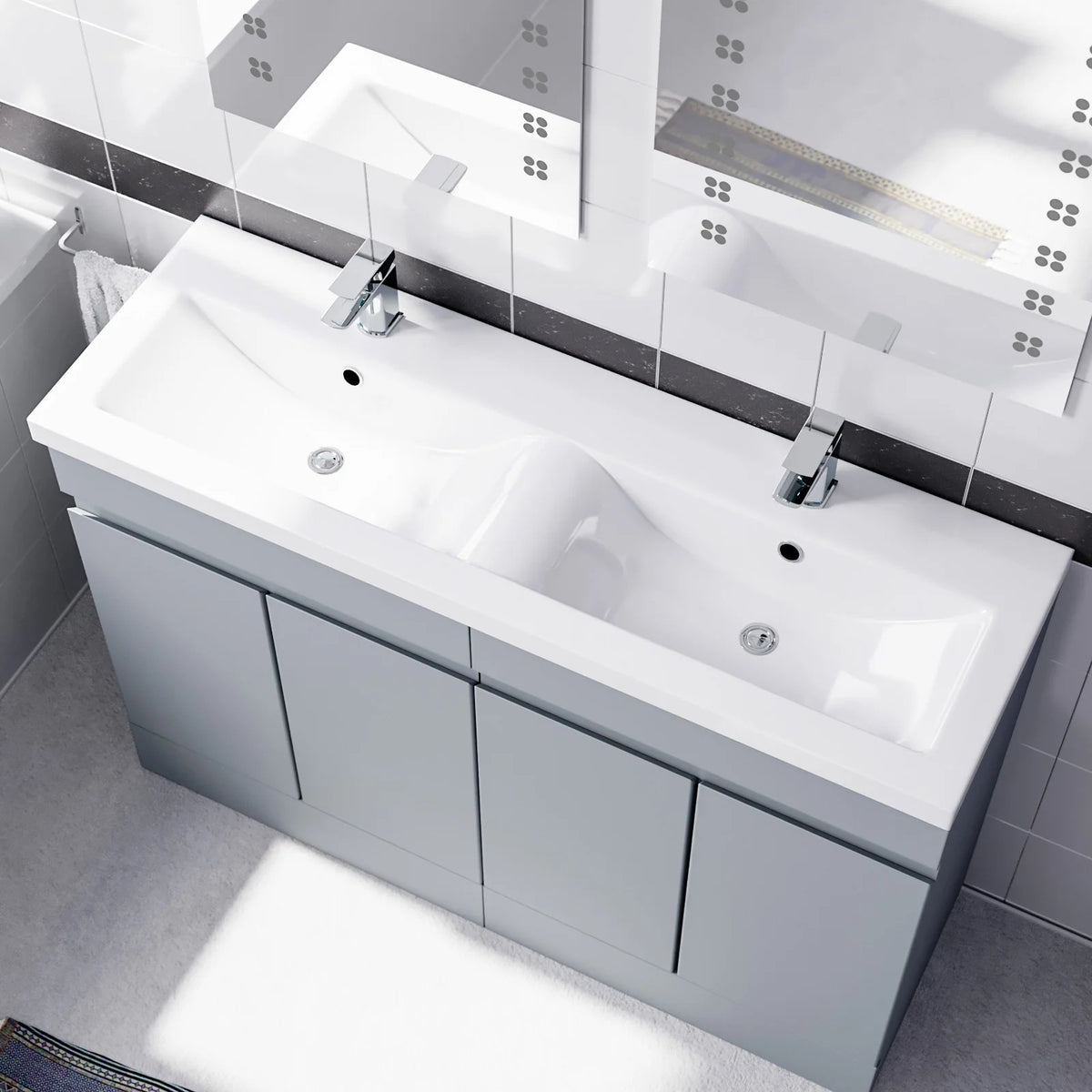 Set of 2 Freestanding 600mm Cabinet with Ceramic Mid-Edge Twin Basin - Matte Grey