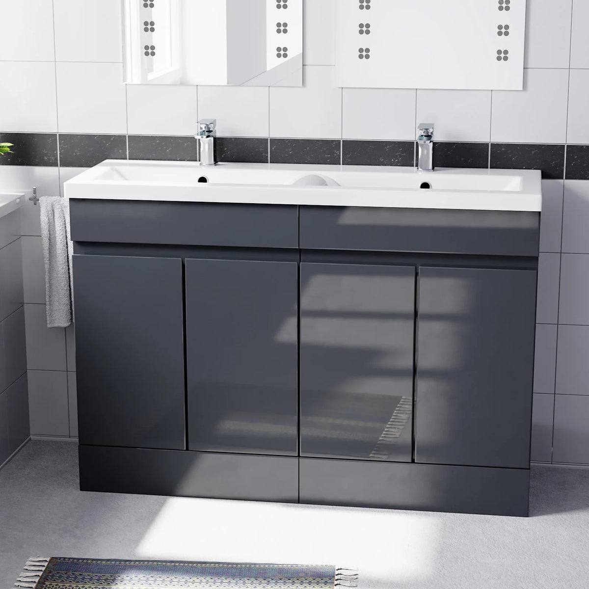 Set of 2 PVC Freestanding 600mm Cabinet & Ceramic Mid Edge Twin Basin - Anthracite