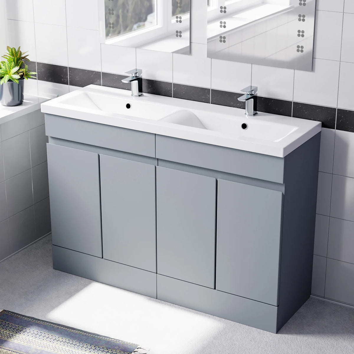 Set of 2 PVC Freestanding 600mm Cabinet & Ceramic Mid Edge Twin Basin - Matte Grey