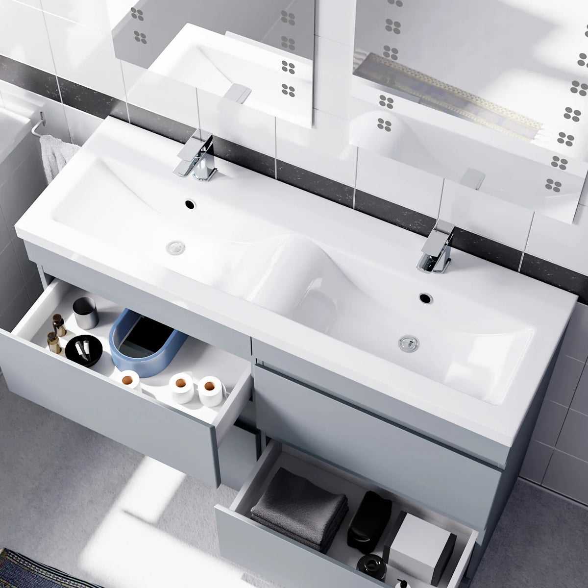 Set of 2 PVC Freestanding 600mm Vanity With Ceramic Mid Edge Twin Basin - Matte Grey