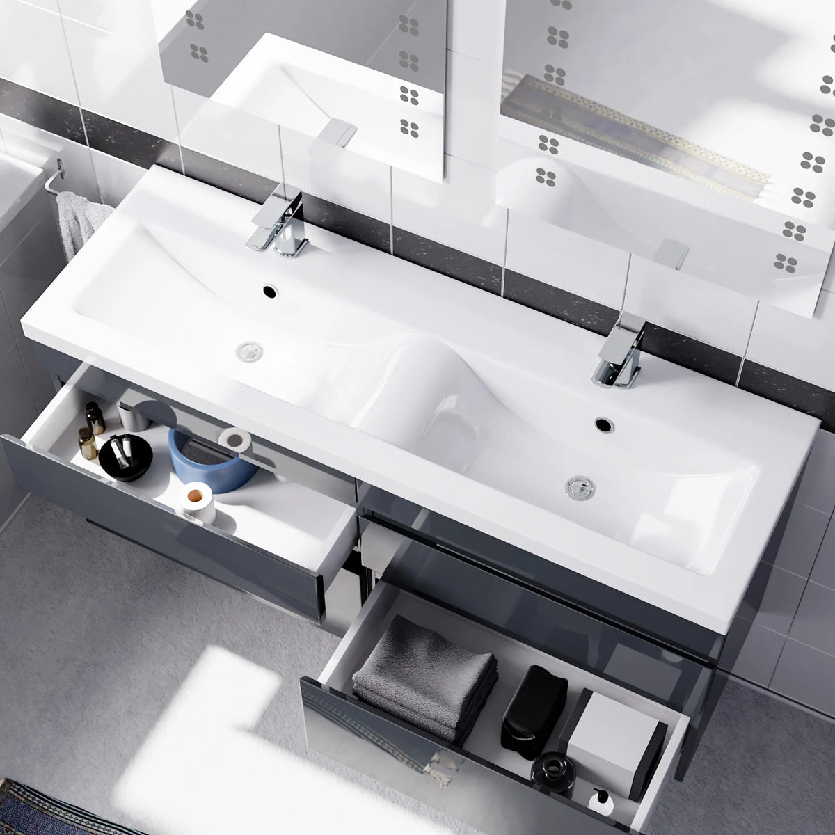 Set of 2 PVC Wall Hung 600mm Vanity & Ceramic Mid Edge Twin Basin - Anthracite