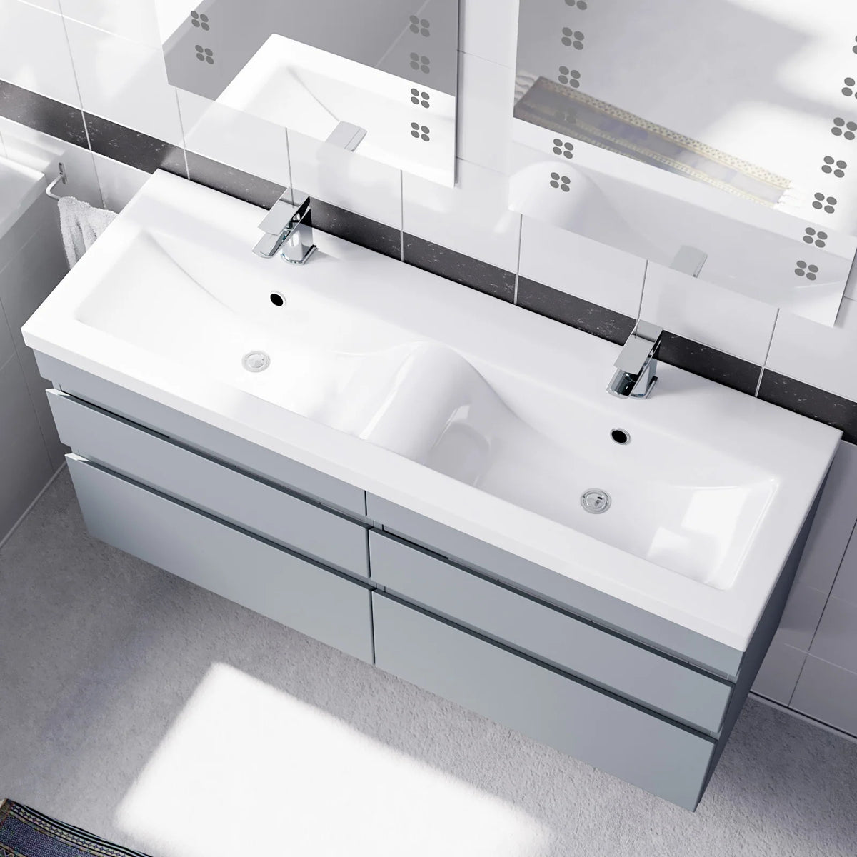 Set of 2 PVC Wall Hung 600mm Vanity & Ceramic Mid Edge Twin Basin - Matte Grey