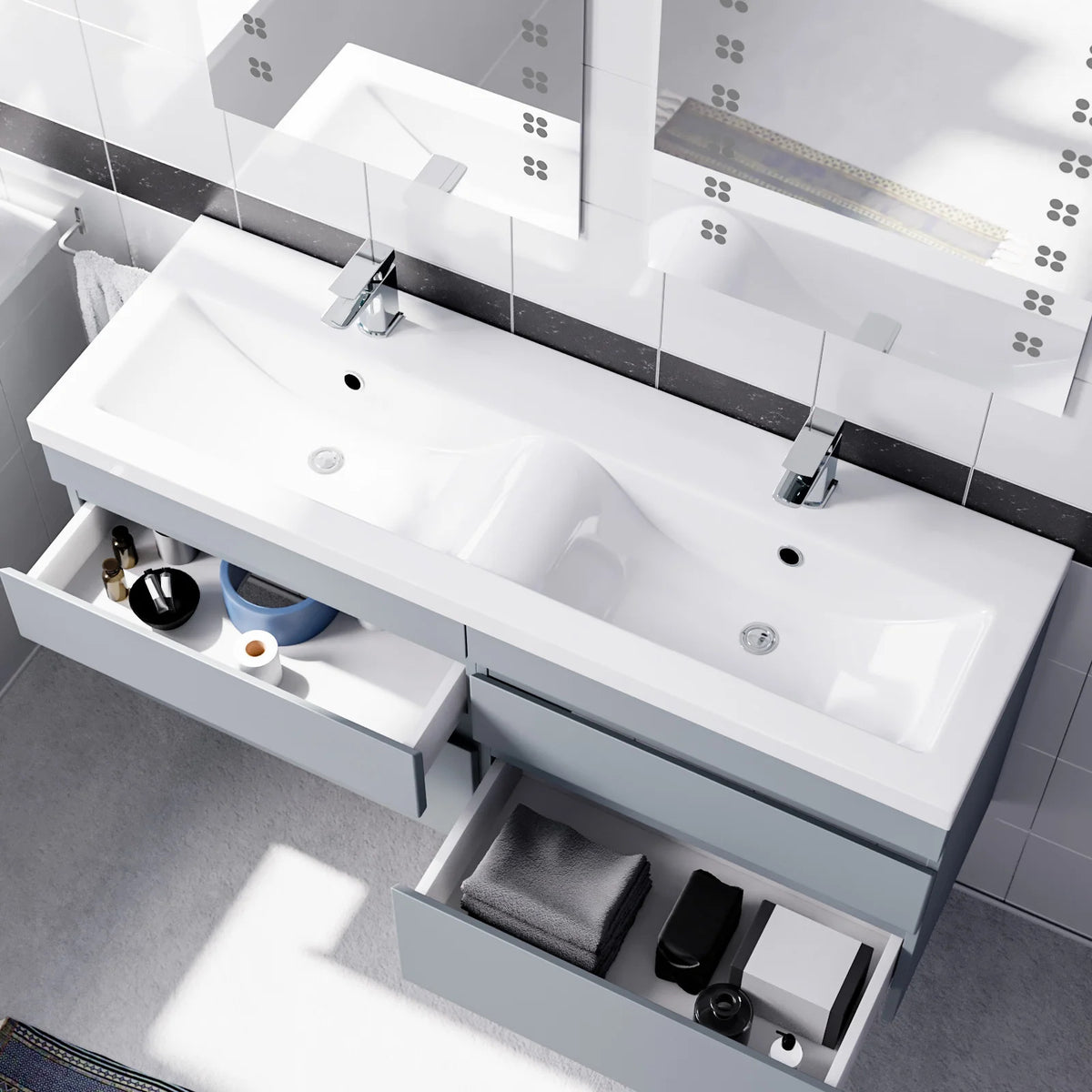 Set of 2 PVC Wall Hung 600mm Vanity & Ceramic Mid Edge Twin Basin - Matte Grey