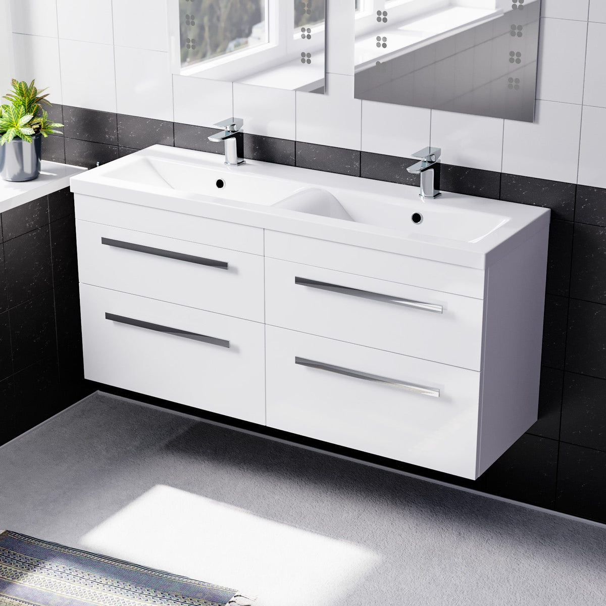 Set of 2 Wall Hung 600mm Drawers Cabinet with Ceramic Mid-Edge Twin Basin - White