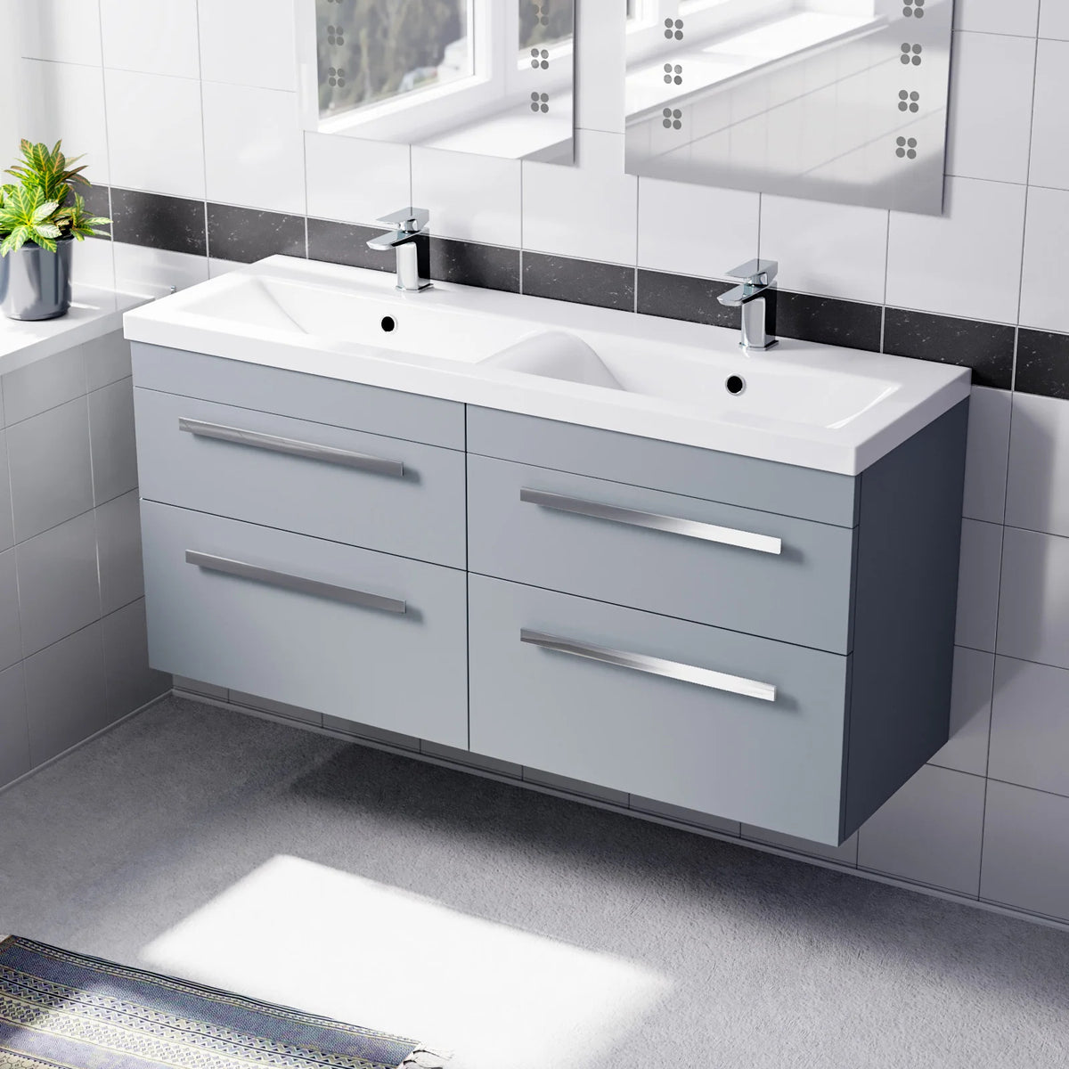 Set of 2 Wall Hung 600mm Drawers Cabinet with Mid Edge Twin Basin - Matte Grey