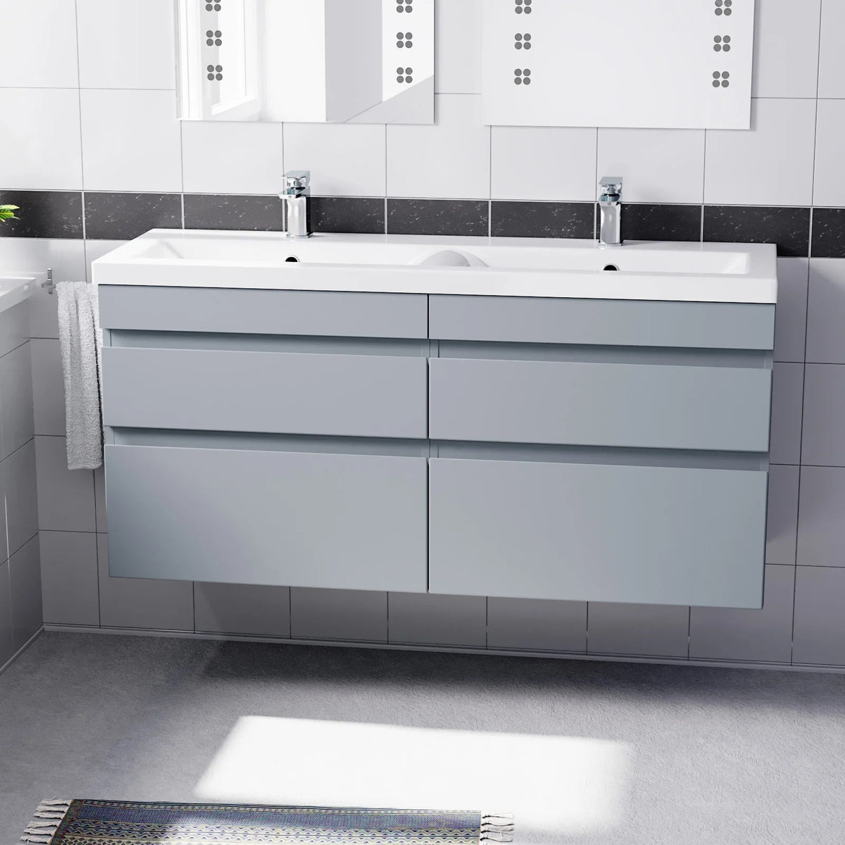 Set of 2 Wall Hung 600mm Handless Cabinet with Mid-Edge Twin Basin - Matte Grey