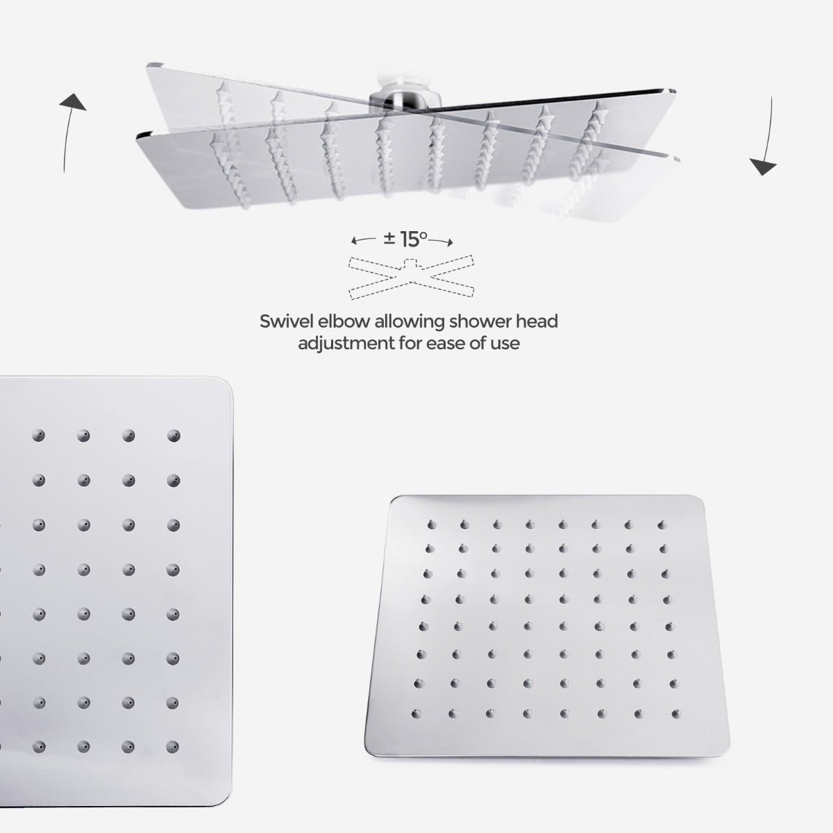 Dunn 250 mm Chrome Thin Square Brass Rectangle Swivel Shower Head Overhead + 119 mm Ceiling Arm