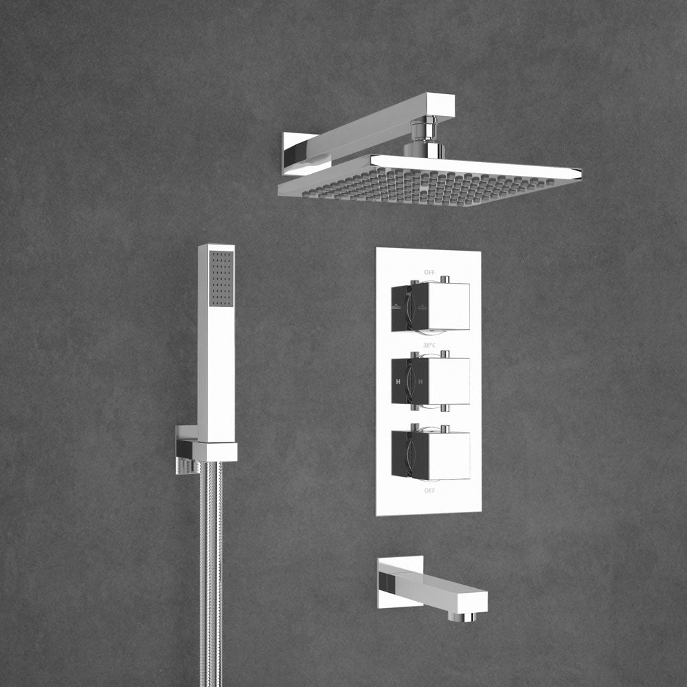 Lilly 3 Dial 3 Way Square Concealed Thermostatic Mixer Valve, Square Handset, Bath Filler & Square Shower Head Chrome