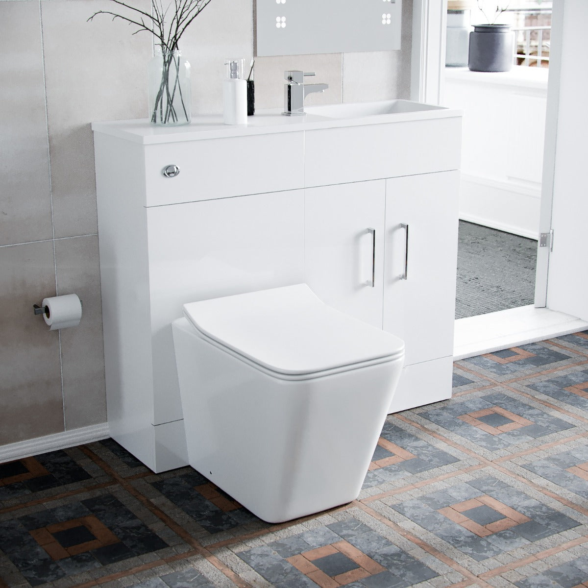 James 1000mm Slimline Floorstanding Vanity Basin and Elora Square Back to Wall Rimless Toilet White