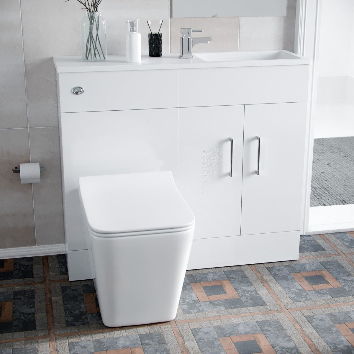 James 1000mm Slimline Floorstanding Vanity Basin and Elora Square Back to Wall Rimless Toilet White