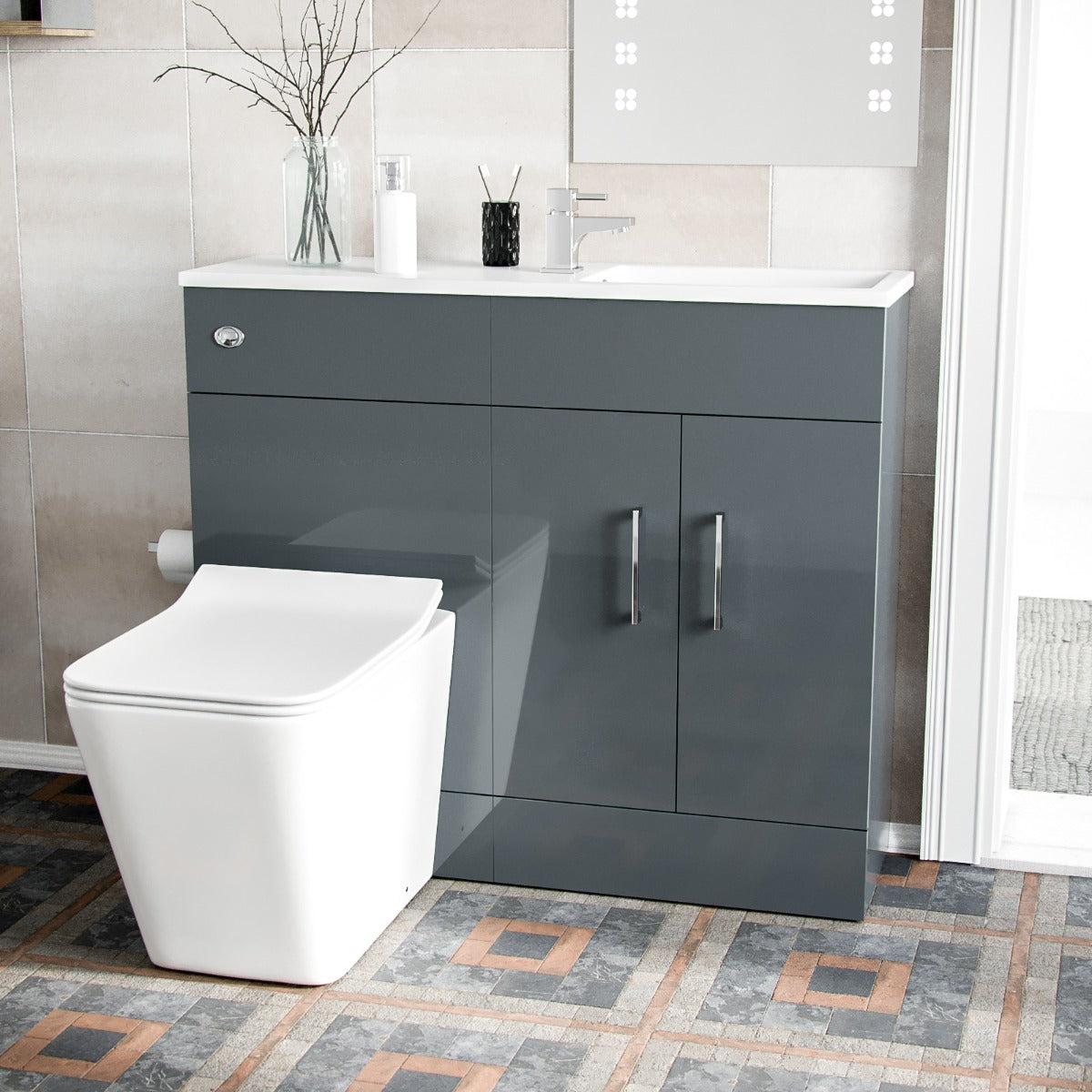James 1000mm Slimline Floorstanding Vanity Basin and Elora Square Back to Wall Rimless Toilet Dark Grey