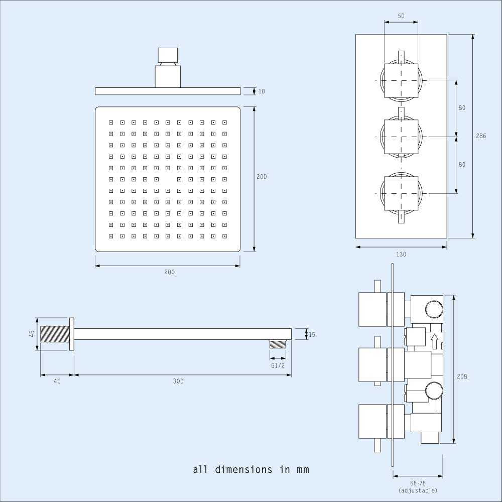 Lilly 3 Dial 3 Way Square Concealed Thermostatic Mixer Valve, Square Handset, Bath Filler & Shower Head Chrome