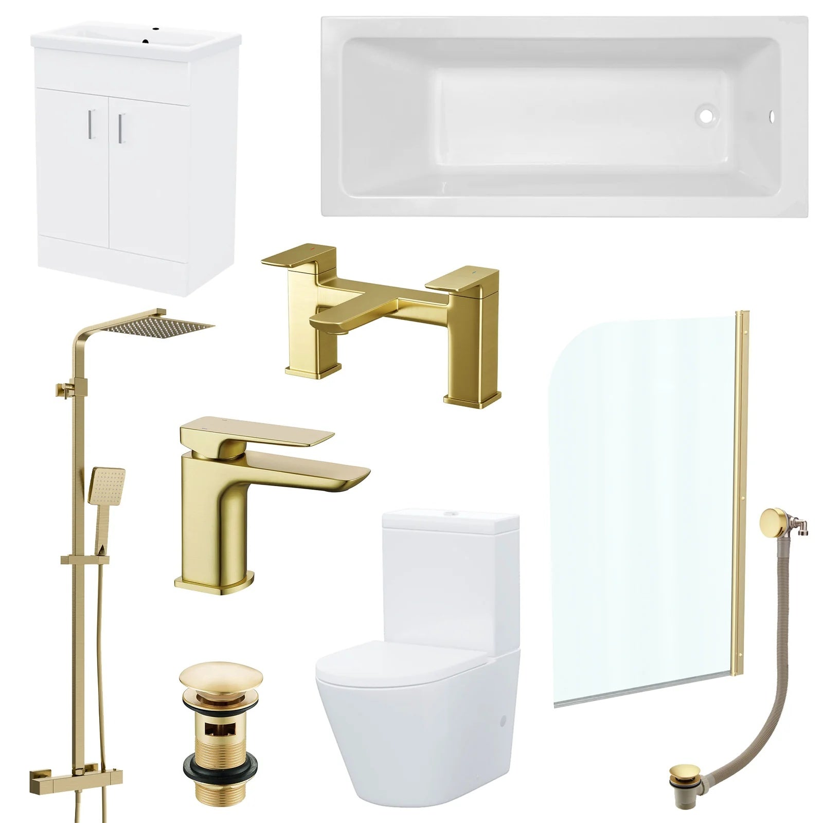 1700mm Bathroom Suite Round Bath with Bath Screen, Vanity Unit & Toilet and Tap Sets