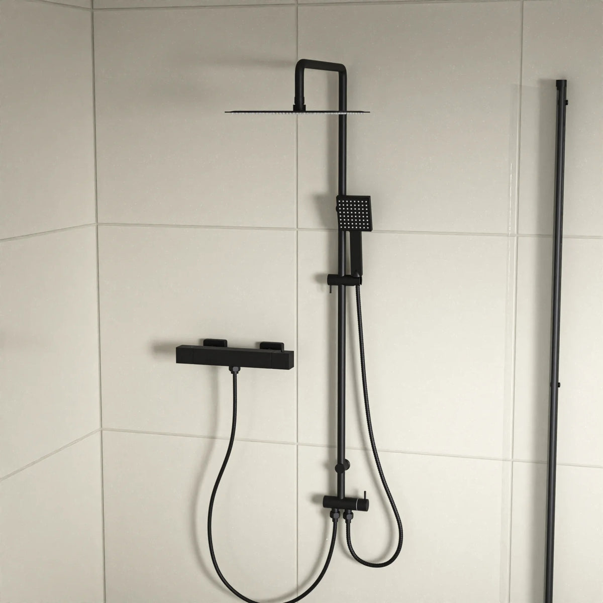 Square Shower Kit With Thermostatic Bar Valve Single Outlet - Matte Black