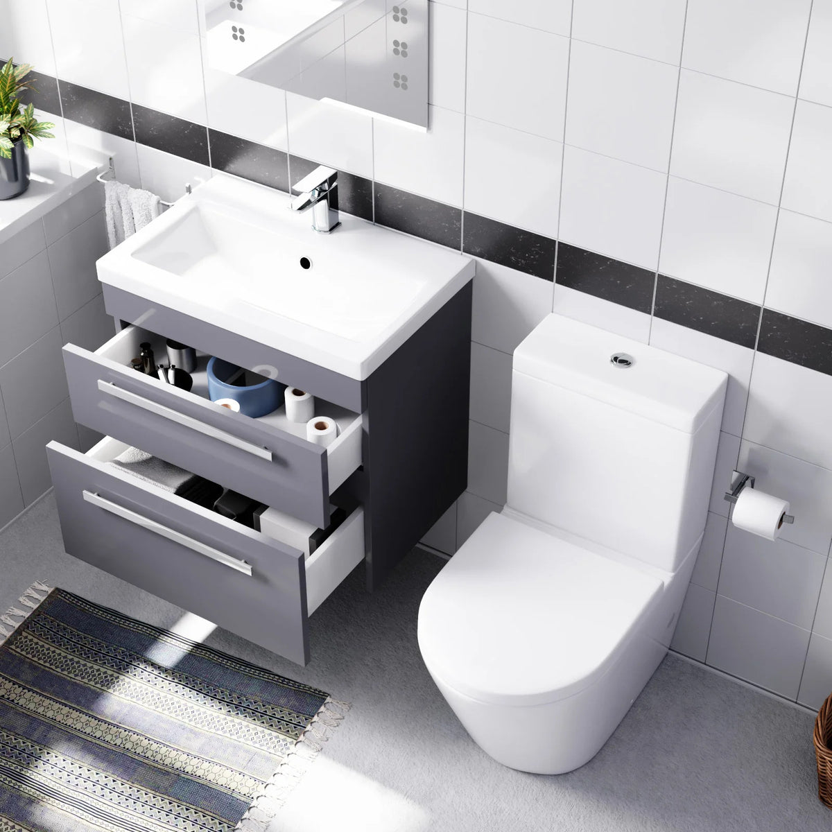 Steel Grey 600mm Wall Hung Vanity With Ceramic Basin & Close Coupled Toilet