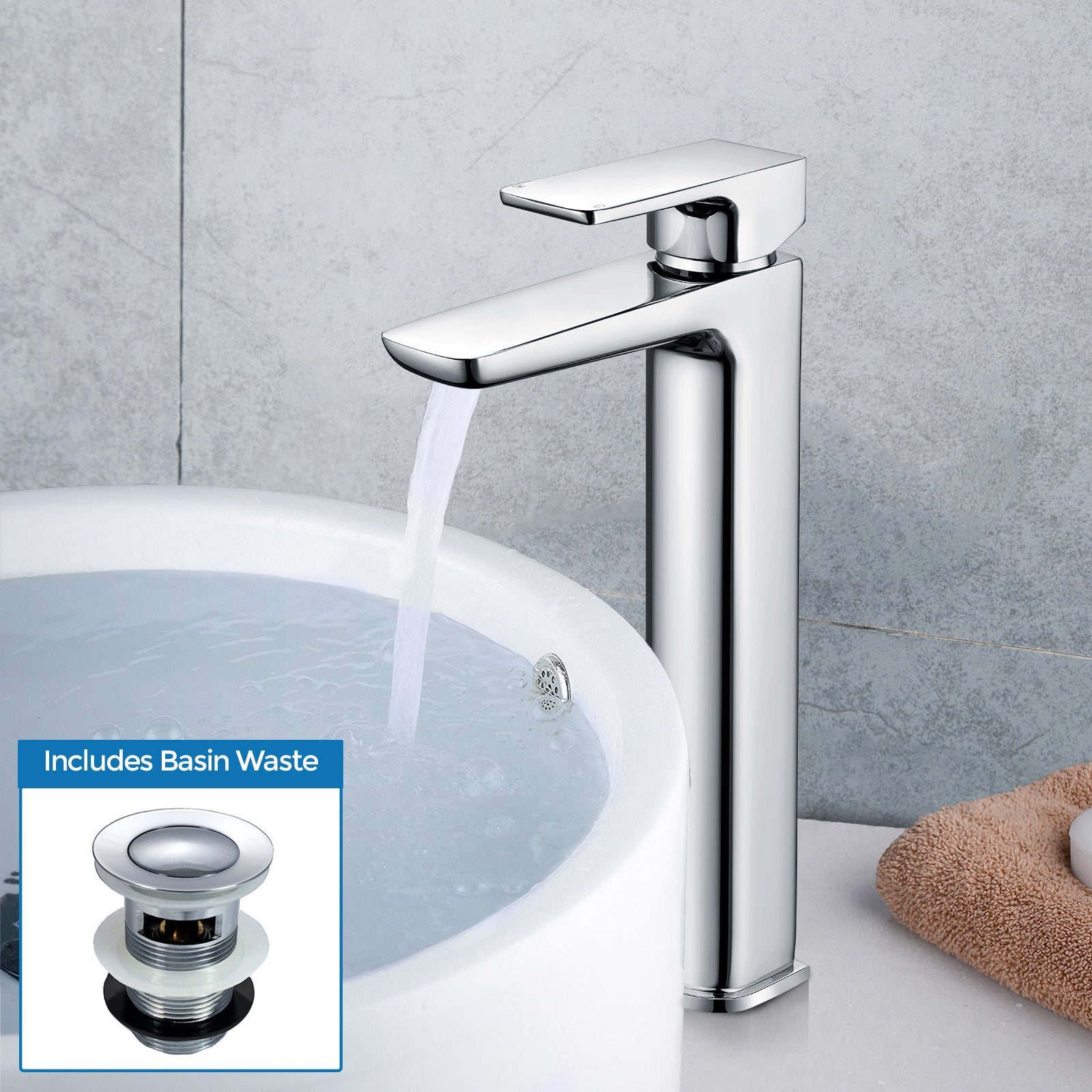 Astra Modern Countertop Chrome Tall Square Basin Mono Mixer Tap