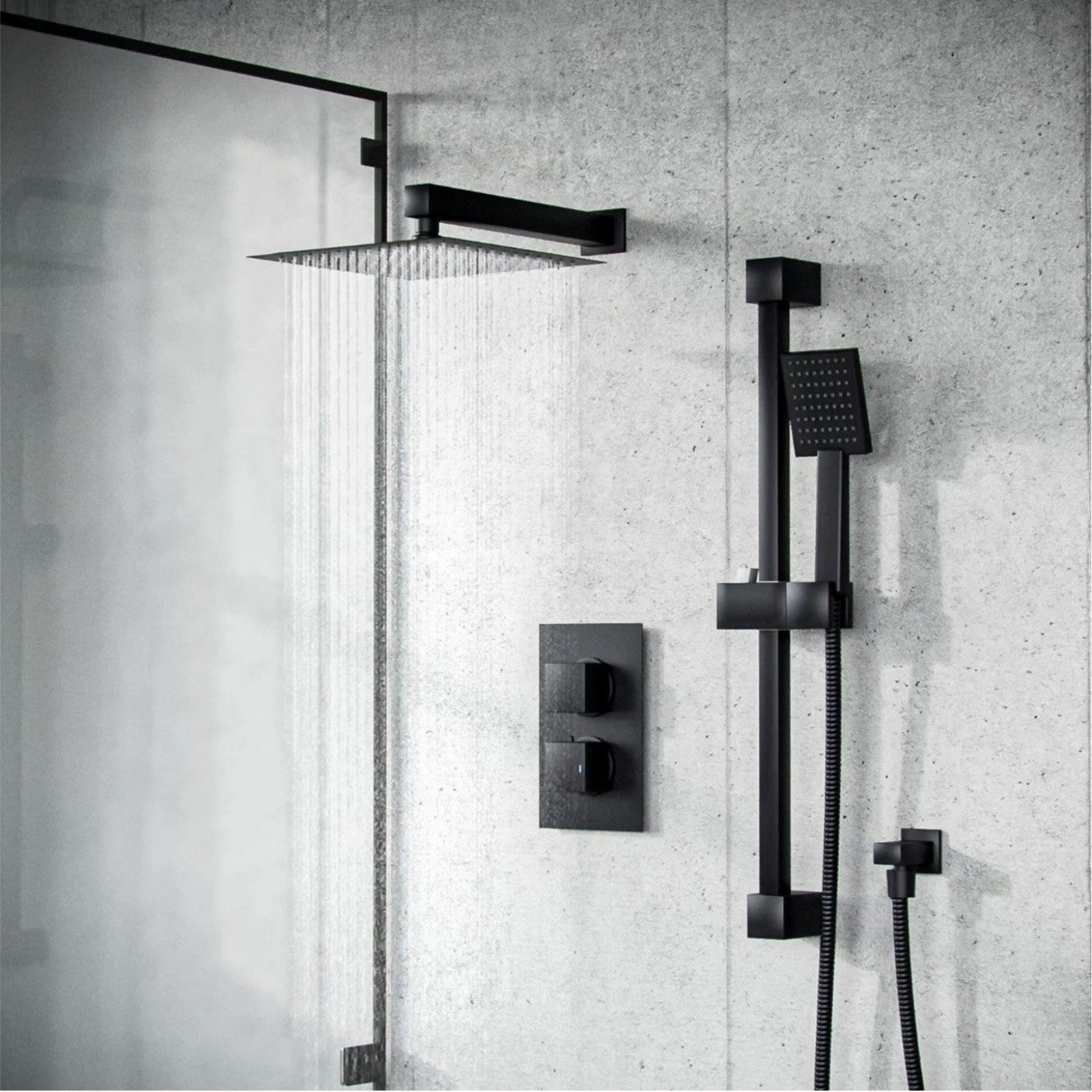 Temel Matte Black Voilet 2 Dial Thermostatic Mixer Outlet Square Shower Rail & Handset