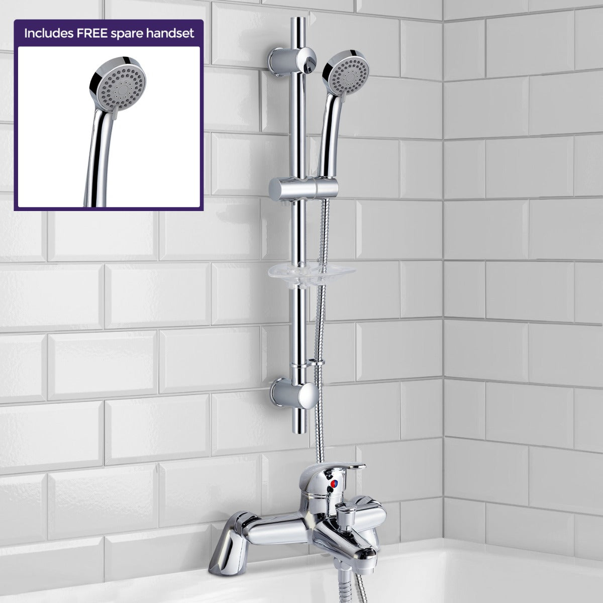 Chrome shower set with handheld shower head on a tiled bathroom wall.