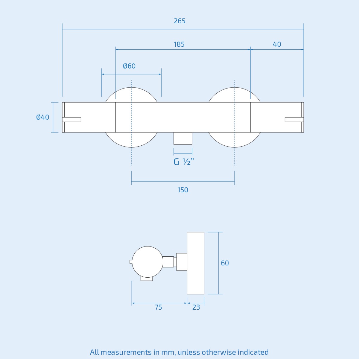 Technical drawing of a mechanical component with dimensions on a light blue background