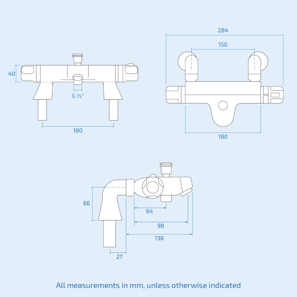 Walton Exposed Square Shower, Safety Button Thermostatic Mixer Tap, Handset & Riser Rail Kit