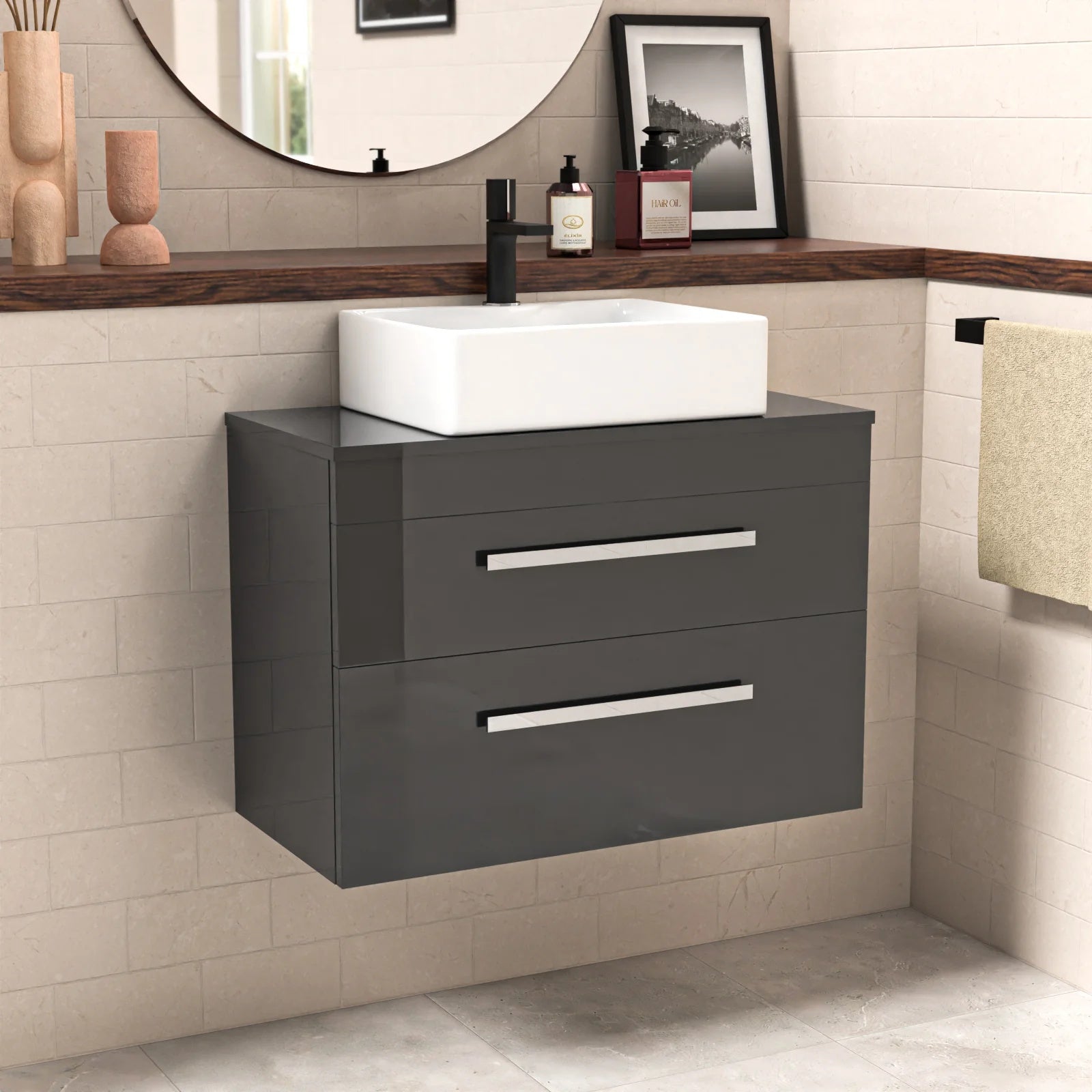 Nanuya 800mm Anthracite Wall Hung Cabinet 2 Drawer With Rectangle Basin and Worktop Set
