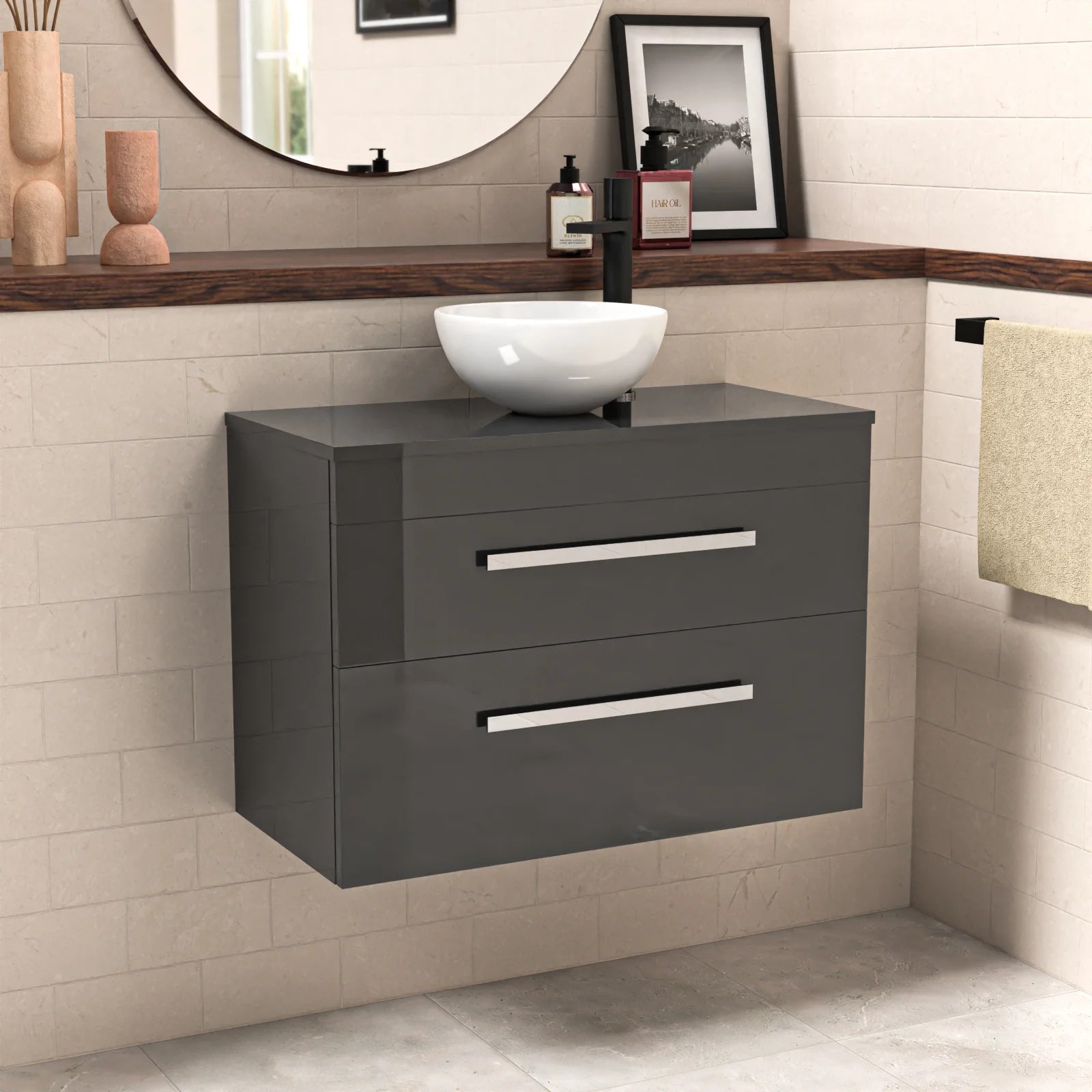 Nanuya 800mm Anthracite Wall Hung Cabinet 2 Drawer With Round Basin and Worktop Set