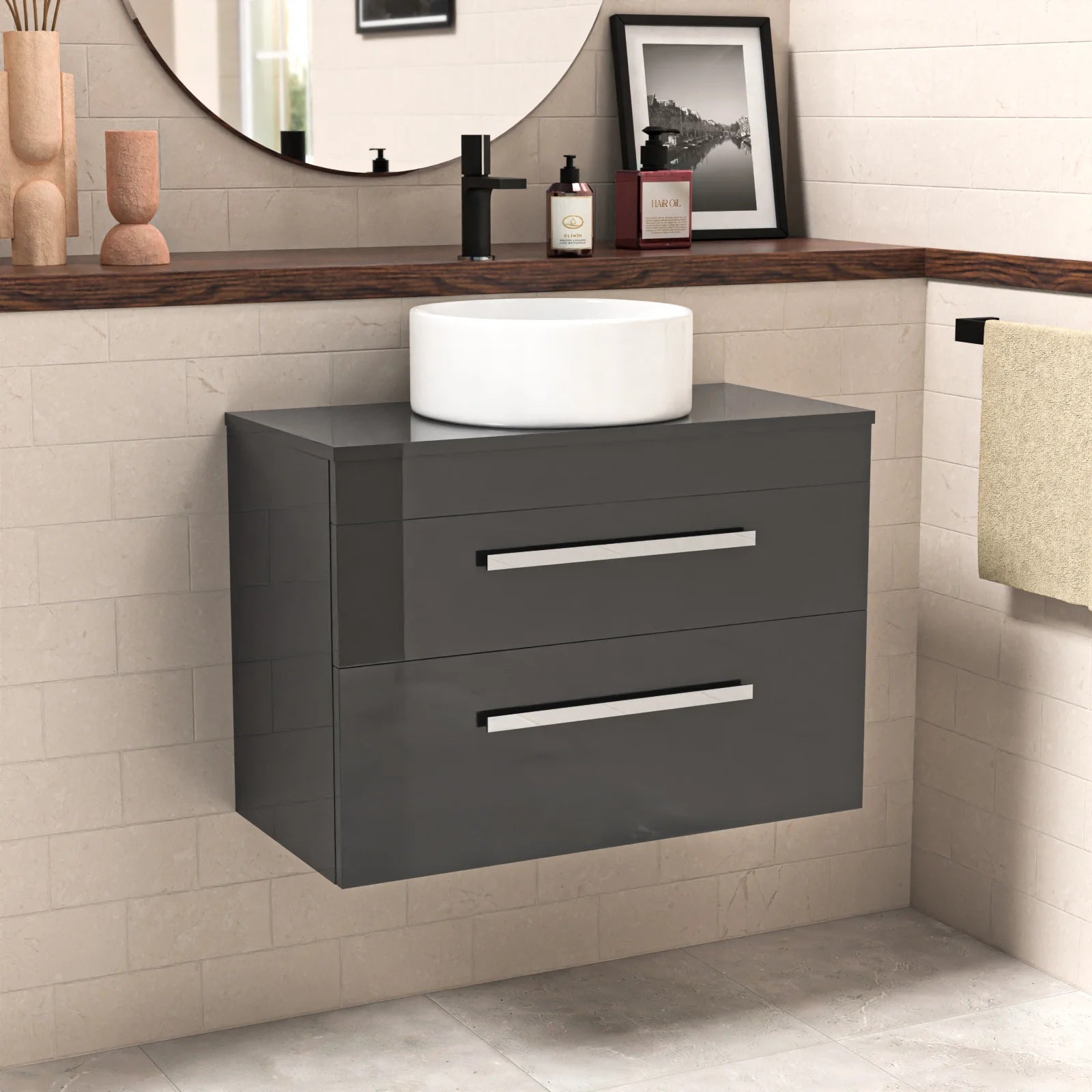 Nanuya 800mm Anthracite Wall Hung Cabinet 2 Drawer With Round Basin and Worktop Set