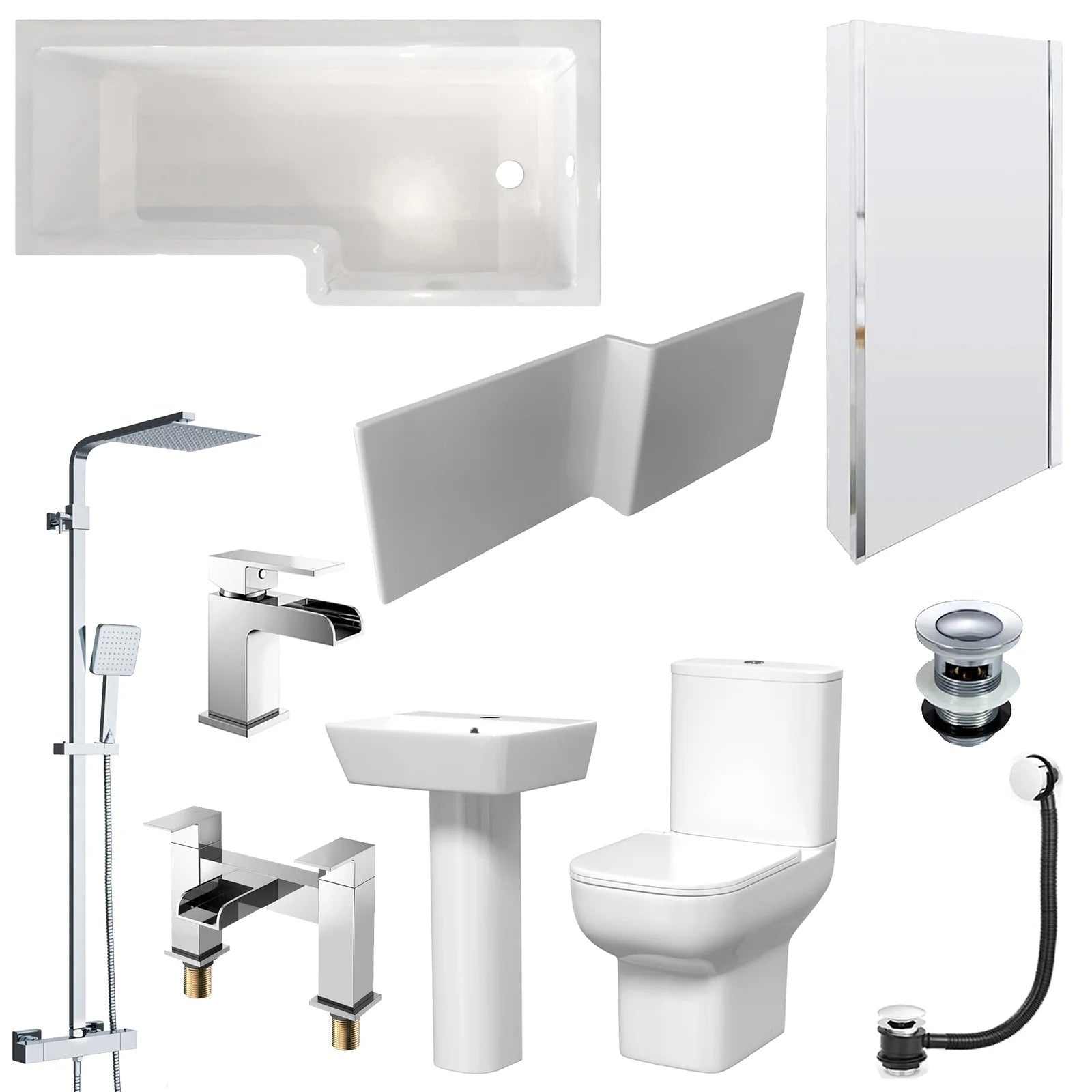 1700mm L-Shaped RH Bath Shower with Front Panel & Screen, 500mm Square Full Pedestal & Toilet - Set with Chrome Fittings