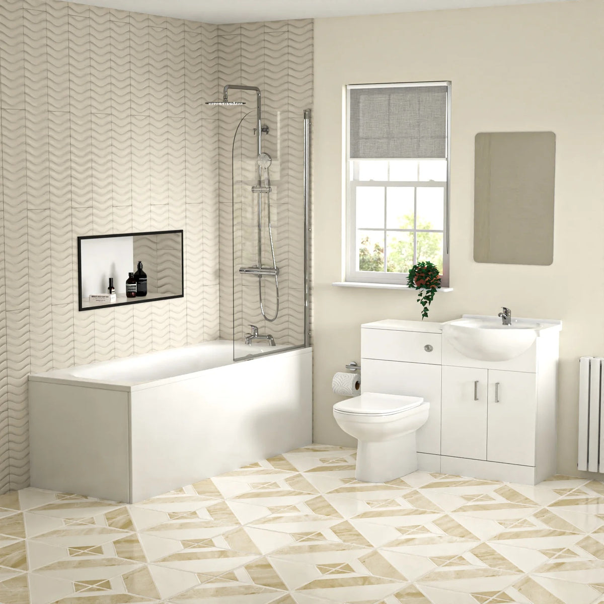 1700mm Bathtub with Front Panel & Screen, 550mm Basin Vanity, WC Unit & Toilet - Set with Chrome Fittings