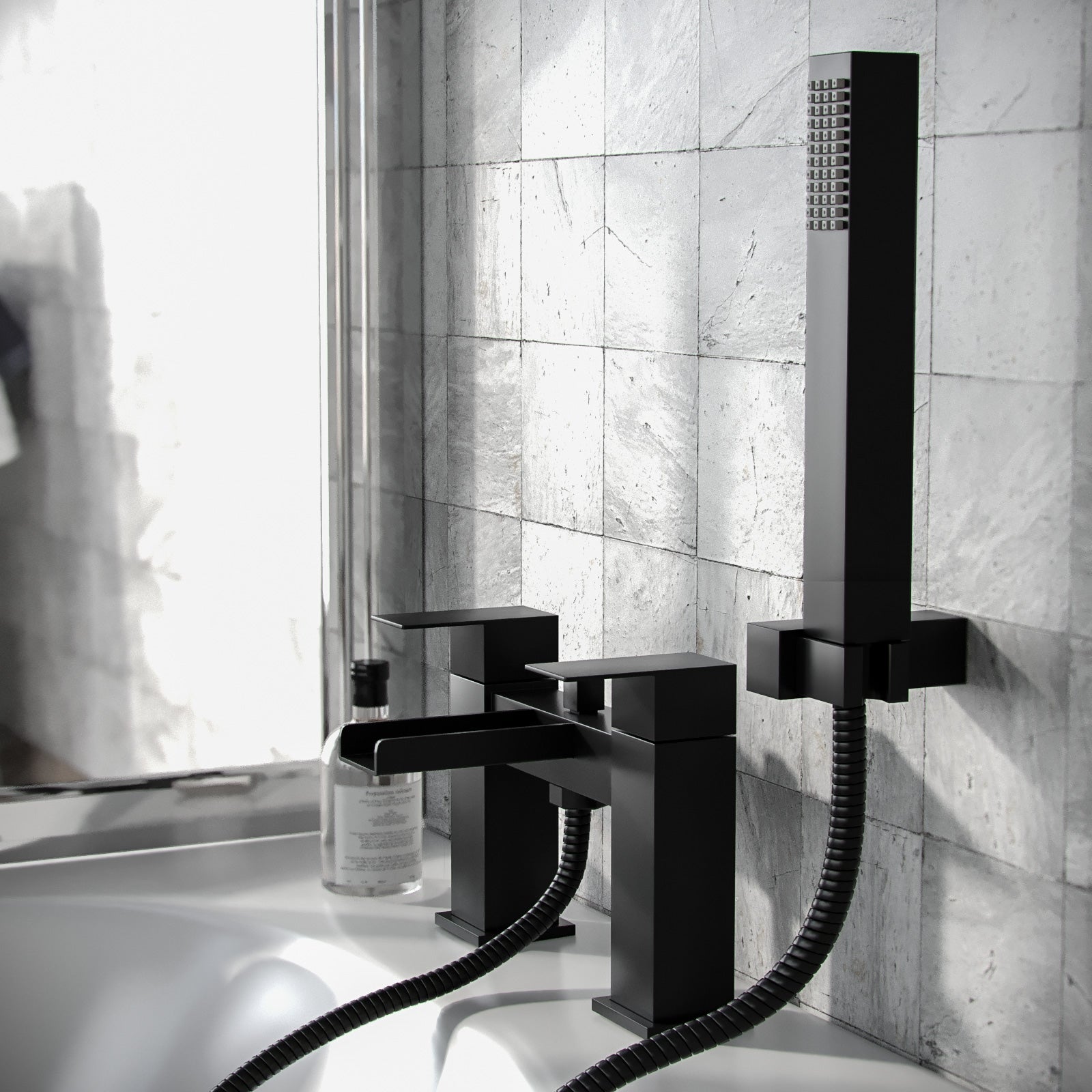 Origin Matte Black Waterfall Basin Mono Tap Bath Filler Handset & Waste