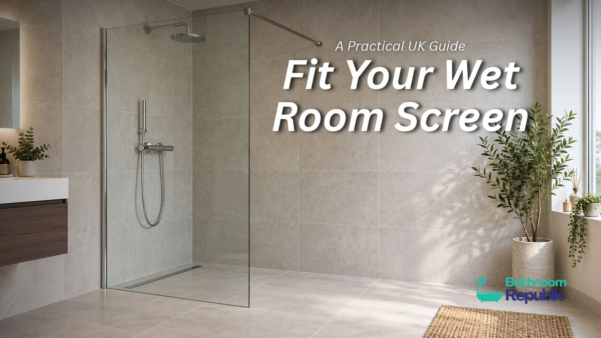 Modern tiled wet room with a fixed glass shower screen.