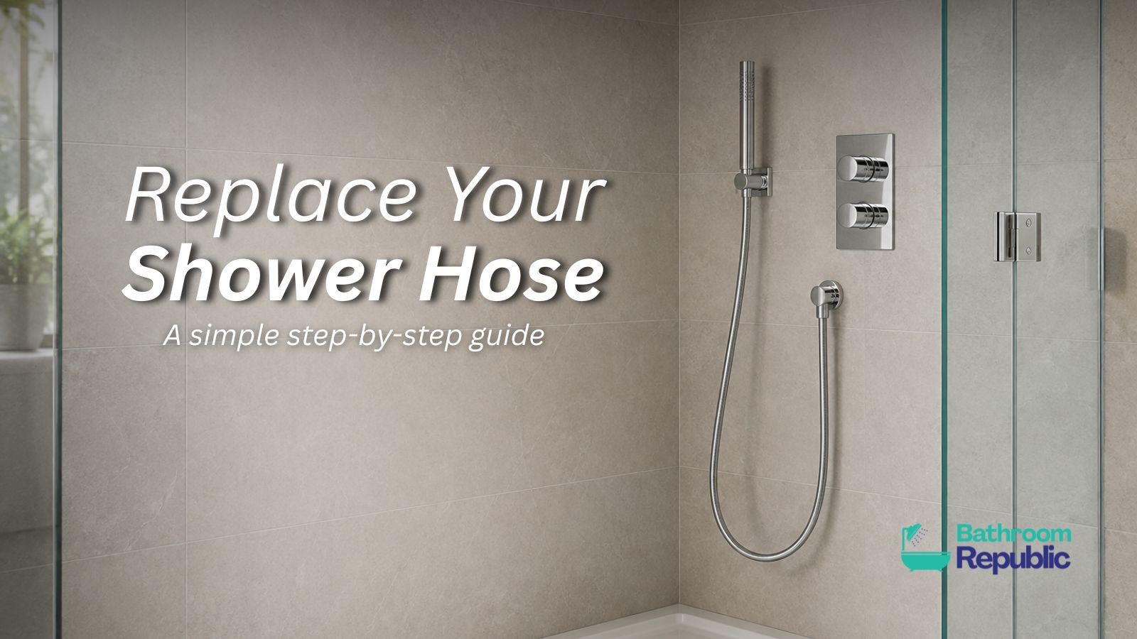 Chrome handheld shower and replacement hose in a modern shower enclosure