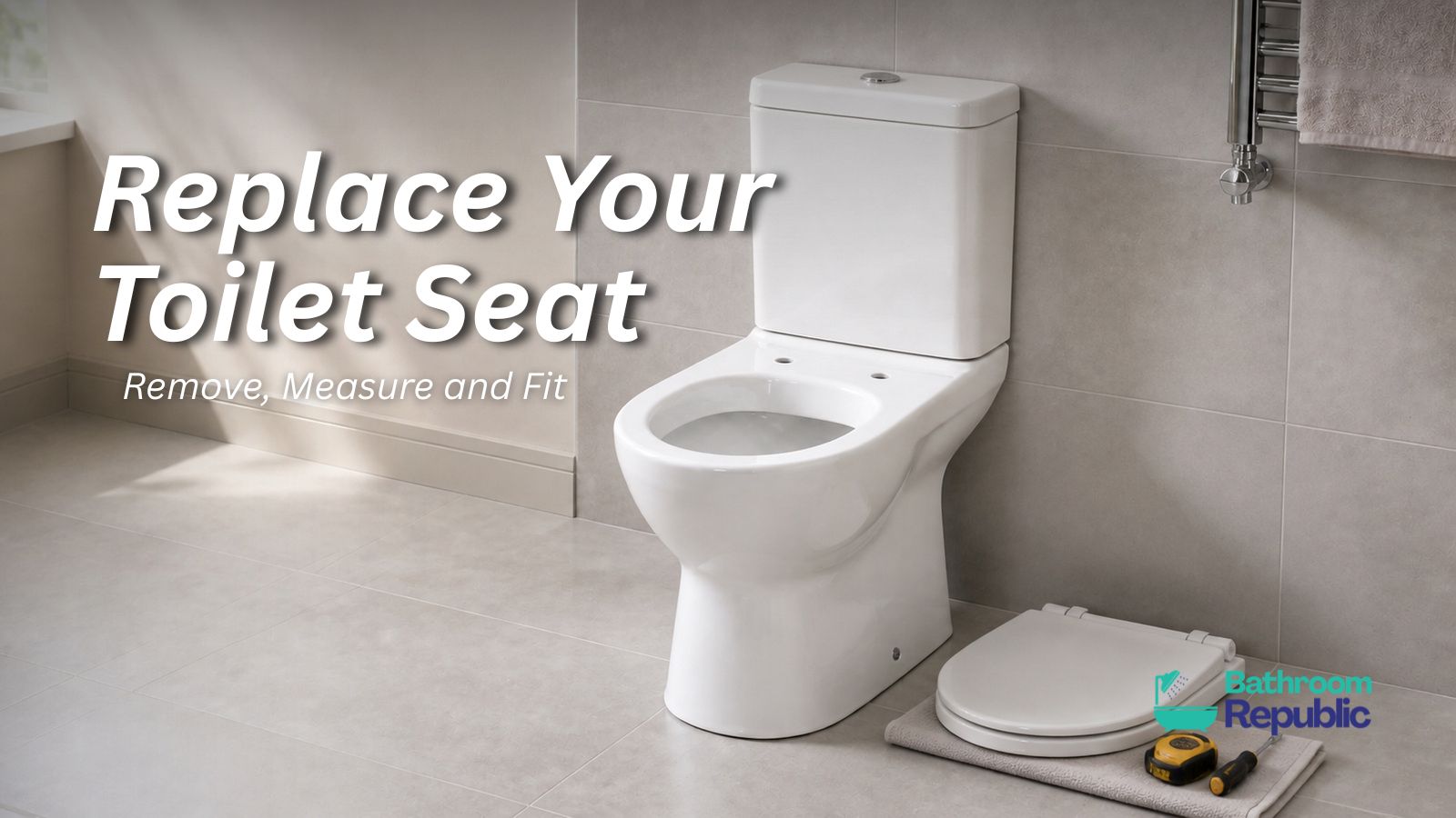 Toilet with its seat removed and a new replacement seat ready to fit