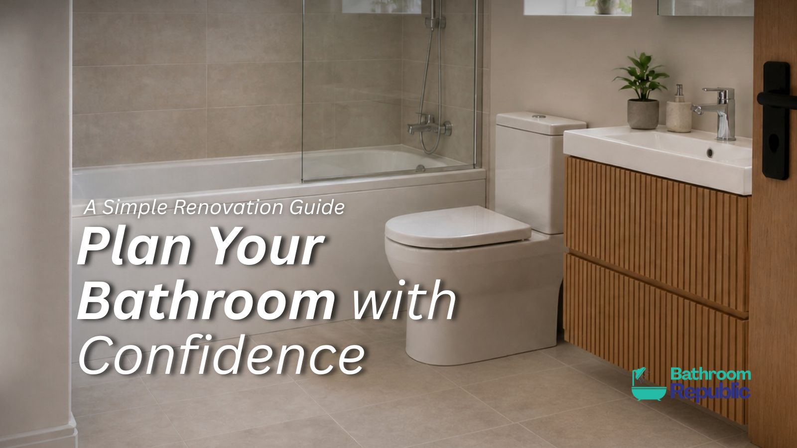 Modern bathroom with bath, toilet, oak vanity and renovation planning samples