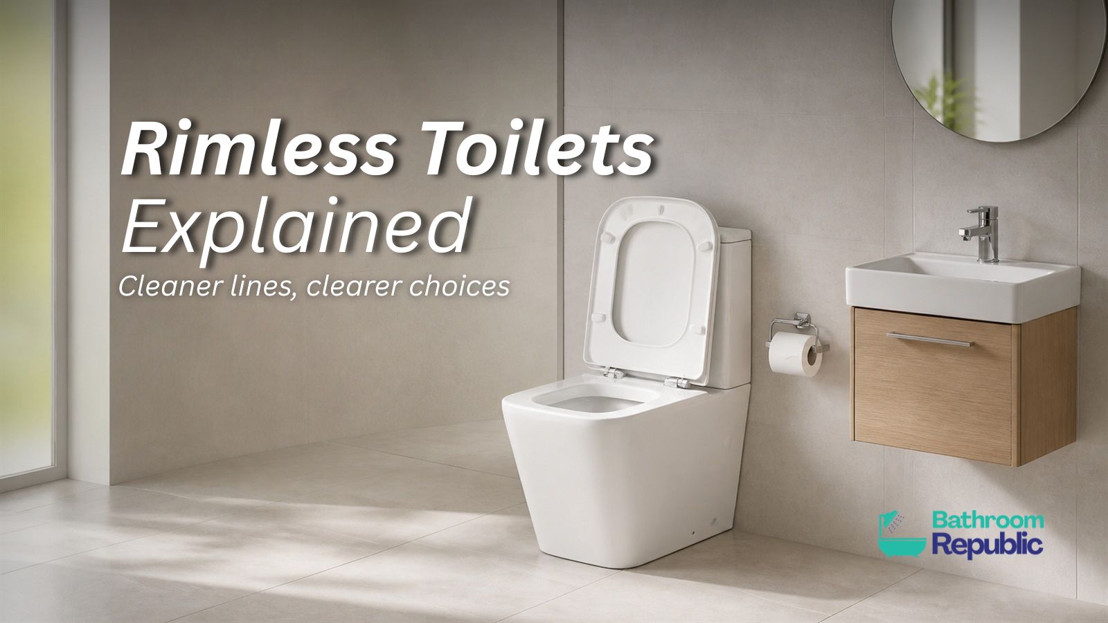Modern UK bathroom with a white rimless toilet and oak wall-hung basin