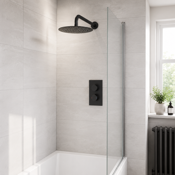 Chrome 1-outlet concealed shower set with overhead drencher head and flush wall-mounted valve plate — Bathroom Republic UK