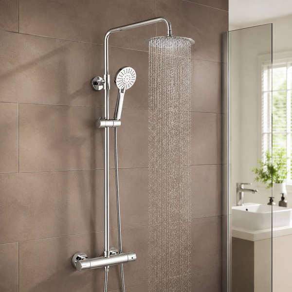 Matte black 2-outlet concealed shower set with square overhead head, handheld shower and recessed thermostatic valve — Bathroom Republic UK