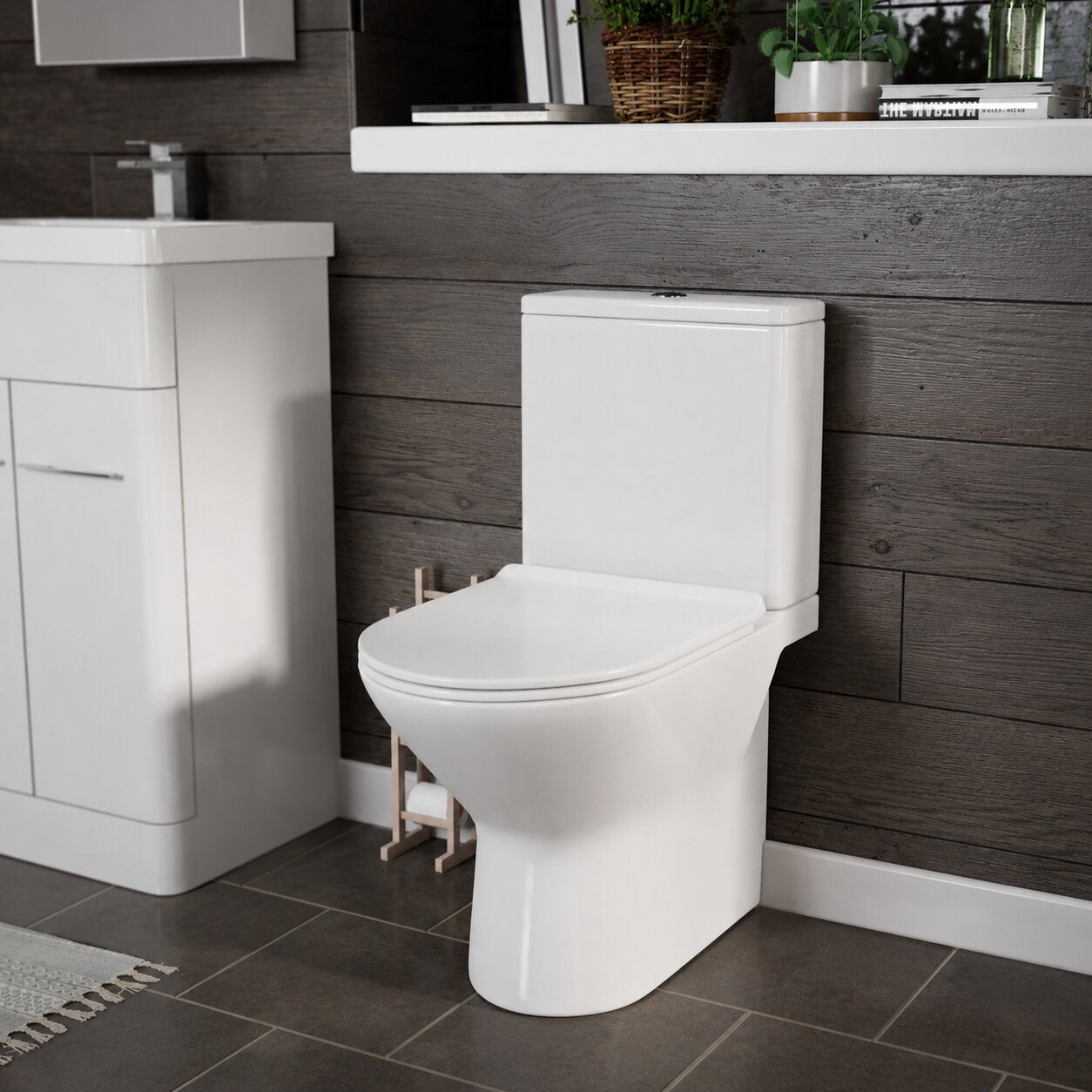 White close coupled rimless toilet with chrome flush button — Bathroom Republic UK