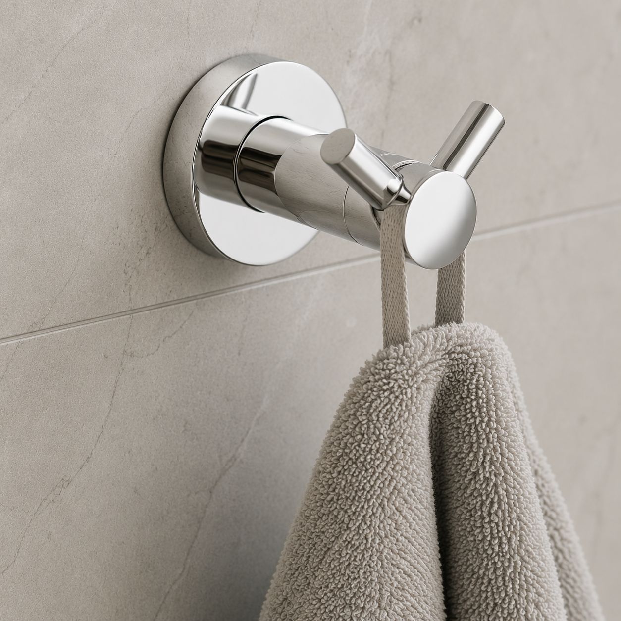 Brass mushroom robe hook on dark wood wall plate — Bathroom Republic UK