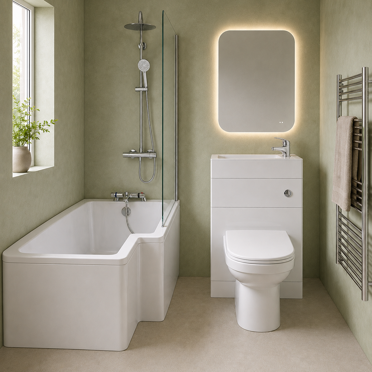 L-shaped Bath Suites collection featuring spacious bathroom suites with matching baths, toilets and vanity units.