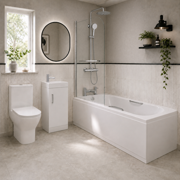 Complete modern bathroom suite with bath, toilet, vanity unit and shower