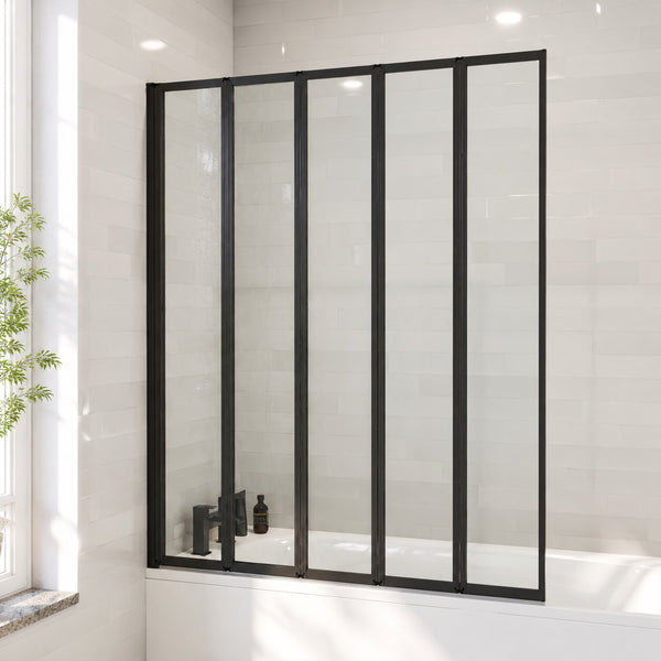 Matt black 5-panel folding bath screen on a white alcove bath — Bathroom Republic UK
